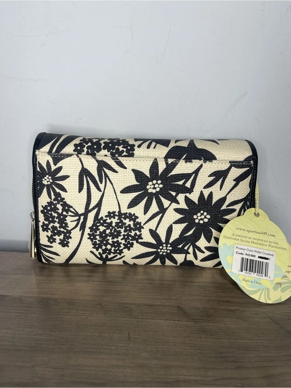 Spartina 449 snap wallet large floral linen leather black new